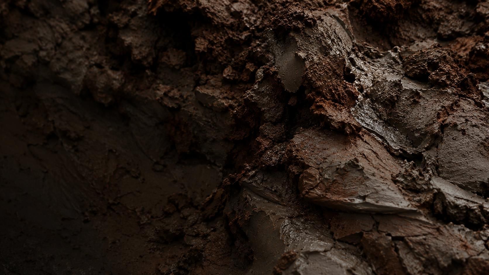 Dark wet clay surface, the starting material.
