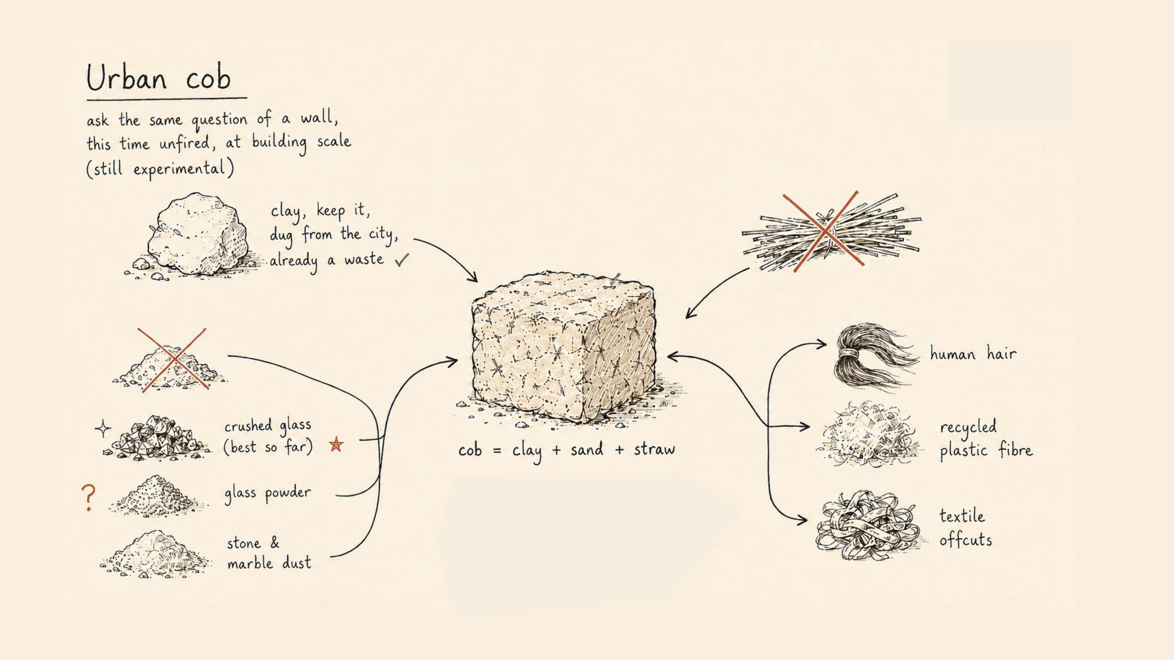 Hand-drawn diagram showing the urban cob material system: city waste clay, crushed glass, recycled fibre, and other urban waste assembled into an unfired cob wall.